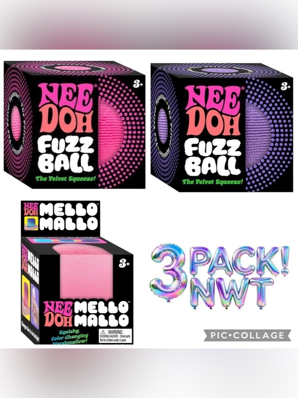 Schylling NeeDoh Fuzz Ball (2) & Mello Mallo Bundle 3-Pack